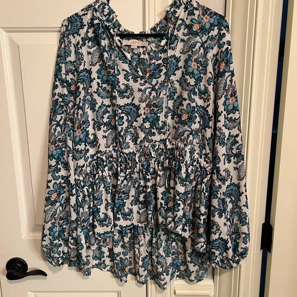 LOFT Teal and White Patterned Blouse